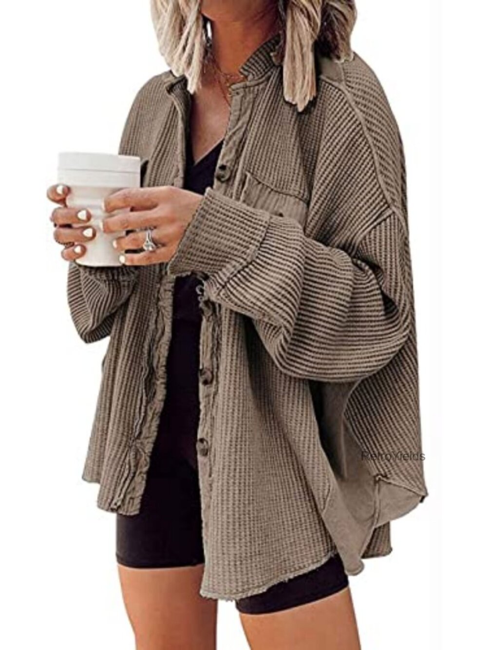 Oversized Waffle Knit Shacket Button Down Long Sleeve Shirt